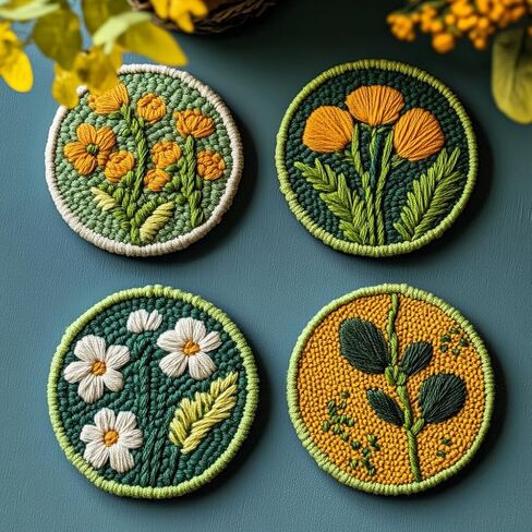4 Set DIY Punch Needle Coaster Kits Beautiful Cute Flowers Field Easy for Beginners with Adhesive Felt Hoop Punch Needle Embroidery Starter Set with Pattern for Drink Cups Mat Home Decor-14 in Saudi Arabia