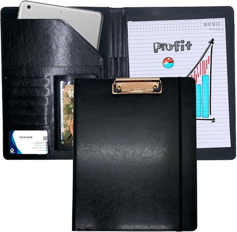 Foldable Padfolio Clipboard with Included Notepad, Phone Pocket and Business Card Holder | Faux Leather Portfolio for Women, Men, Nurses, Wedding, and Legal | Work Organizer Folder (Black) in Saudi Arabia