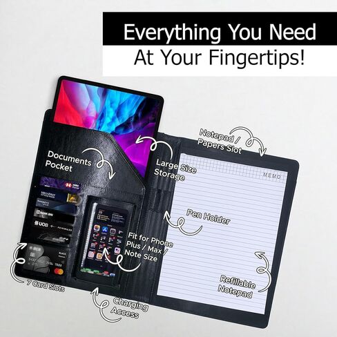 Foldable Padfolio Clipboard with Included Notepad, Phone Pocket and Business Card Holder | Faux Leather Portfolio for Women, Men, Nurses, Wedding, and Legal | Work Organizer Folder (Black) in Saudi Arabia