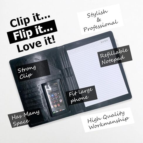 Foldable Padfolio Clipboard with Included Notepad, Phone Pocket and Business Card Holder | Faux Leather Portfolio for Women, Men, Nurses, Wedding, and Legal | Work Organizer Folder (Black) in Saudi Arabia