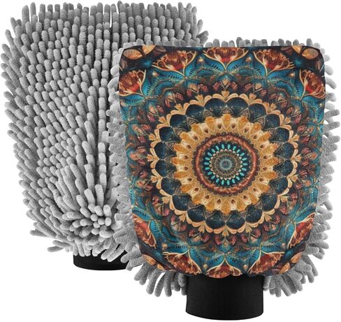 AIXIWAWA Car Wash Mitt Washing Glove Scratch Free Water Absorbent 2 Pack Medium Floral Mandala Print in Kuwait