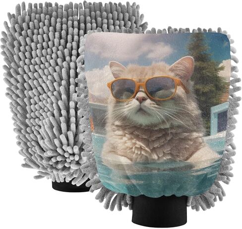 AIXIWAWA Car Wash Mitt Washing Glove Scratch Free Water Absorbent 2 Pack Medium Cat in Pool Print in Saudi Arabia