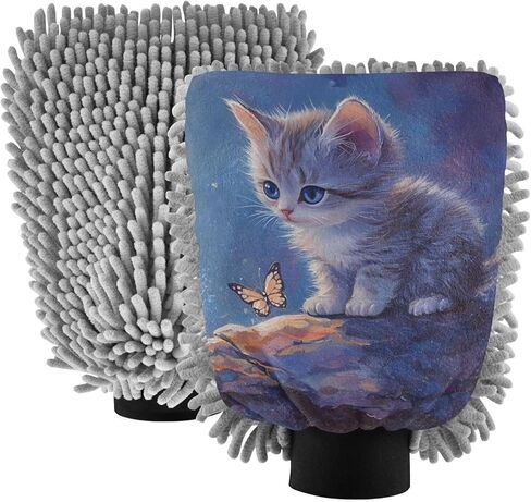 AIXIWAWA Car Wash Mitt Washing Glove Scratch Free Water Absorbent 2 Pack Large Night Cute Cat Print in Saudi Arabia