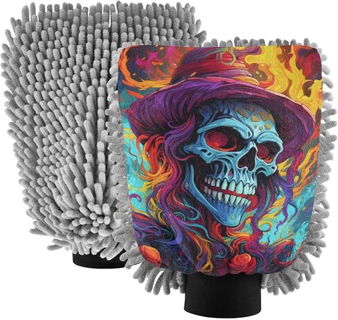 AIXIWAWA Car Wash Mitt Washing Glove Scratch Free Water Absorbent 2 Pack Large Flaming Hooded Skull Print in Saudi Arabia