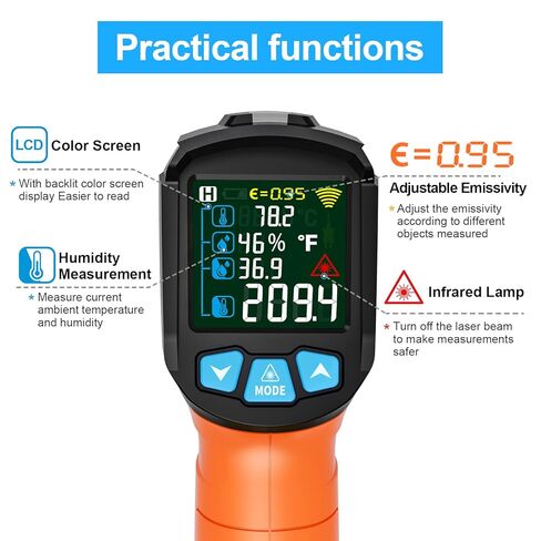 MESTEK مسدس درجة حرارة بالأشعة تحت الحمراء، -40 درجة فهرنهايت ~ 3632 درجة فهرنهايت، مسدس ميزان حرارة ليزر رقمي غير ملامس، مقياس حرارة صناعي 50: 1 ميزان حرارة عالي الحرارة مع شاشة LCD ملونة، انبعاثية قابلة للتعديل in Kuwait