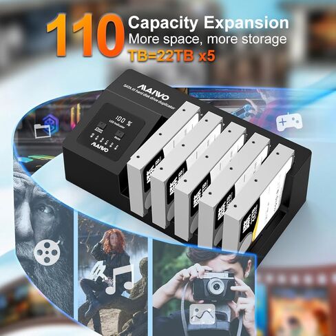 محطة إرساء محرك الأقراص الصلبة MAIWO 2 Bay مع استنساخ غير متصل لـ 2.5 3.5 بوصة SATA HDD SSD، 1x HD-MI، 3X Type C، 1x USB3.1، 1x USB3.0، Ethernet، صوت، BT5.0، فتحة بطاقة SD/TF in Kuwait