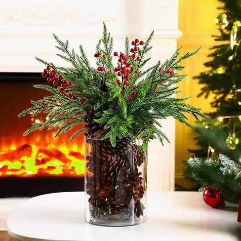 Shappy 42 Pcs Christmas Table Centerpieces DIY Farmhouse Christmas Centerpieces for Dining Table 6 Norfolk Pine Branches 30 Pine Cones 5 Red Berry Stems 1 Glass Vase for Kitchen Tabletop Decorations in Saudi Arabia