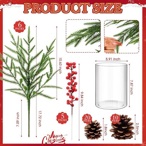 Shappy 42 Pcs Christmas Table Centerpieces DIY Farmhouse Christmas Centerpieces for Dining Table 6 Norfolk Pine Branches 30 Pine Cones 5 Red Berry Stems 1 Glass Vase for Kitchen Tabletop Decorations in Saudi Arabia