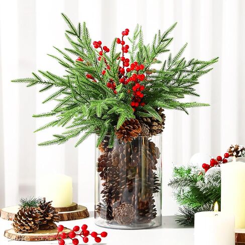 Shappy 42 Pcs Christmas Table Centerpieces DIY Farmhouse Christmas Centerpieces for Dining Table 6 Norfolk Pine Branches 30 Pine Cones 5 Red Berry Stems 1 Glass Vase for Kitchen Tabletop Decorations in Saudi Arabia