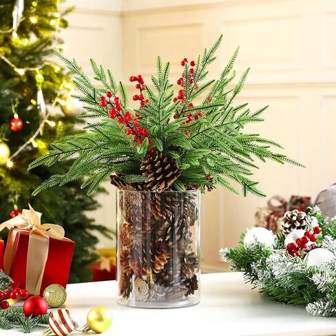 Shappy 42 Pcs Christmas Table Centerpieces DIY Farmhouse Christmas Centerpieces for Dining Table 6 Norfolk Pine Branches 30 Pine Cones 5 Red Berry Stems 1 Glass Vase for Kitchen Tabletop Decorations in Saudi Arabia