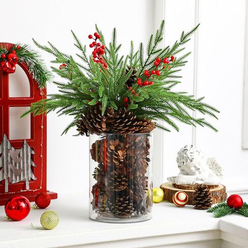 Shappy 42 Pcs Christmas Table Centerpieces DIY Farmhouse Christmas Centerpieces for Dining Table 6 Norfolk Pine Branches 30 Pine Cones 5 Red Berry Stems 1 Glass Vase for Kitchen Tabletop Decorations in Saudi Arabia