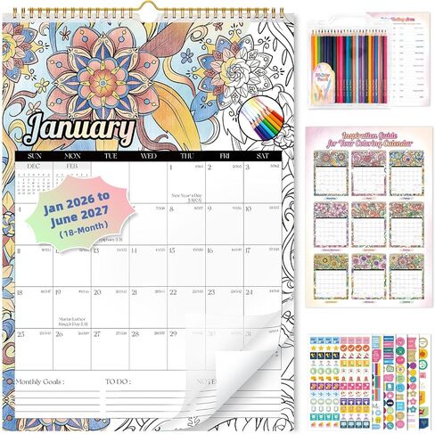 Ospelelf 2026 Wall Calendar 12'' x 17'' Family Coloring Calendar for Adults, Kids, Monthly Calendar Planner with Plastic Cover, 18 Month Calendars, Use Jan 2026 - June 2027, Season in Saudi Arabia