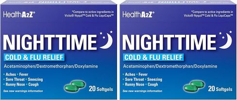 HealthA2Z Nighttime Cold & Flu Relief - | 8 Count Softgels (Pack of 24) | (192 Softgels Count) | Compare to Vicks® Nyquil® Cold & Flu Liqui Caps Active Ingredient in Kuwait
