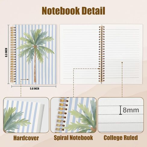 WUCHJ Coastal Beach Notebook, Blue Striped Palm Tree Journal, Preppy Beach Spiral Notebook Journal for Note Taking, Gifts for Ocean Beach Lovers, Beachy School Supplies, 5.5x8.3 Inch in Saudi Arabia