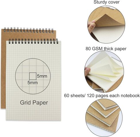 4 Pack Graph Paper Notebook, A5 Top Wirebound Grid Spiral Notebook 5.8" x 8.3",60 Sheets,5mm x 5mm Grid Paper,Grid Notepad for Students, Math, Engineering (Black) in Kuwait
