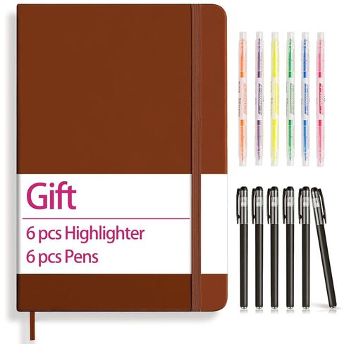 Journal Notebook, (Gift 6 Highlighters & 6 Pens), 200 Pages, A5 Medium Size (5.7'' x 8.3'') Notepad,for Men & Women, Journaling, Writing, Work & Office, Leather Hardcover, 80 GSM Thick Paper (Brown) in Saudi Arabia