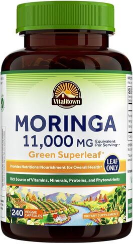 كبسولات فيتاليتاون مورينغا 11000 ملجم، مكمل المورينغا العضوي، أوراق المورينغا الخضراء، بدون عصي، بدون كافيين، مورينغا أوليفيرا، الطاقة، الشهية، 90 كبسولة in Kuwait