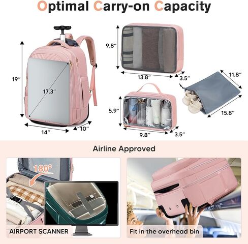 حقيبة ظهر متدحرجة للرجال البالغين مع عجلات، حقيبة ظهر للسفر بعجلات تحمل الأمتعة مقاس 22 × 14 × 9 معتمدة من شركة الطيران، حقيبة ظهر للكمبيوتر المحمول مقاس 17.3 بوصة، حقيبة ظهر كبيرة متدحرجة للسفر والعمل in Kuwait