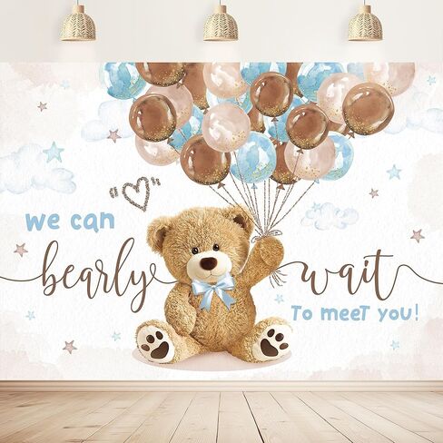 Imirell يمكننا الانتظار خلفية 10Wx8H قدم الدب استحمام الطفل للأولاد لطيف الكرتون البني الأزرق بالونات الغيوم النقاط الذهبية الفينيل خلفيات التصوير الفوتوغرافي حديثي الولادة صورة تبادل لاطلاق النار ديكور الدعائم الديكور in Kuwait
