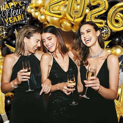 زينة رأس السنة الجديدة 2026 لوازم حفلات عشية مع قبعات نظارات بالونات قصاصات ذهبية سوداء 2026 عدد بالونات السنة الجديدة راية ذهبية هامش ستارة خلفية لديكورات ناي in Kuwait