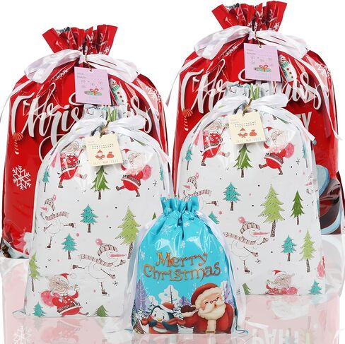 FYIN-HONG 12Pcs Christmas Gift Bags with Drawstring, Large Christmas Wrapping Bags with Tags, Assorted Sizes Small Medium Large Plastic Foil Holiday Gift Bags for Party Present Wrapping in Saudi Arabia