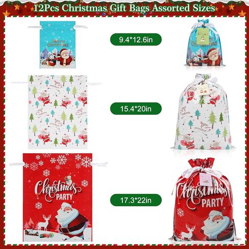 FYIN-HONG 12Pcs Christmas Gift Bags with Drawstring, Large Christmas Wrapping Bags with Tags, Assorted Sizes Small Medium Large Plastic Foil Holiday Gift Bags for Party Present Wrapping in Saudi Arabia