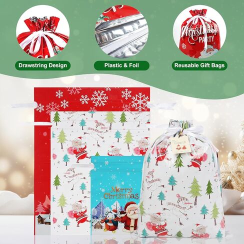 FYIN-HONG 12Pcs Christmas Gift Bags with Drawstring, Large Christmas Wrapping Bags with Tags, Assorted Sizes Small Medium Large Plastic Foil Holiday Gift Bags for Party Present Wrapping in Saudi Arabia