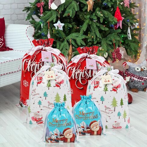 FYIN-HONG 12Pcs Christmas Gift Bags with Drawstring, Large Christmas Wrapping Bags with Tags, Assorted Sizes Small Medium Large Plastic Foil Holiday Gift Bags for Party Present Wrapping in Saudi Arabia
