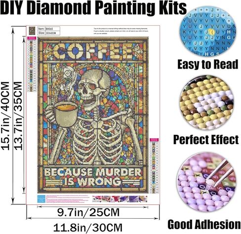 Skeleton Diamond Painting Kits for Adults Stained Glass with Coffee - 12x16 Inch Macabre Humor Art, Full Drill DIY Gothic Home Decor, Unique Gift for Halloween, Birthday & Relaxation in Saudi Arabia