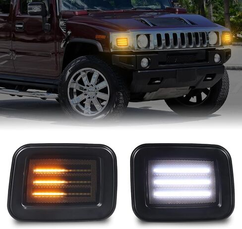 أضواء إشارة الانعطاف الكهرمان المتتابعة لـ Hummer H2 2003-2009 مصابيح LED ديناميكية للزاوية الأمامية للعلامات الجانبية مفاتيح بيضاء DRL Sidemarker مؤشر وقوف السيارات عدسة مدخنة قطعتين in Kuwait