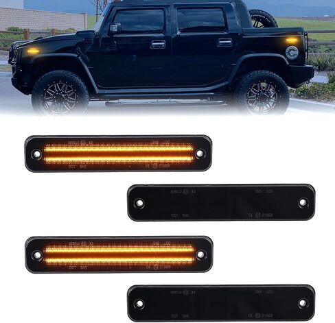 أضواء إشارة الانعطاف الكهرمان المتتابعة لـ Hummer H2 2003-2009 مصابيح LED ديناميكية للزاوية الأمامية للعلامات الجانبية مفاتيح بيضاء DRL Sidemarker مؤشر وقوف السيارات عدسة مدخنة قطعتين in Kuwait