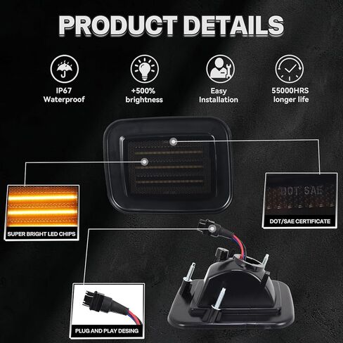 أضواء إشارة الانعطاف الكهرمان المتتابعة لـ Hummer H2 2003-2009 مصابيح LED ديناميكية للزاوية الأمامية للعلامات الجانبية مفاتيح بيضاء DRL Sidemarker مؤشر وقوف السيارات عدسة مدخنة قطعتين in Kuwait
