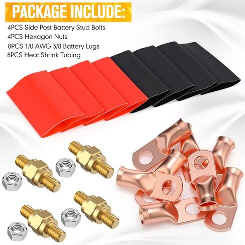 8 قطع طرف بطارية جانبي 3/8 16 براغي محول عمود جانبي قياسي و8 قطع عروات بطارية 1/0 AWG-3/8 مع 8 قطع أنابيب انكماش حراري in Kuwait