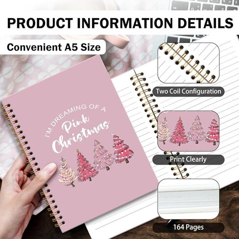 DILSJ Pink Christmas Notebook Journal, Preppy Pink Xmas Tree Journals Notebooks, Christmas Office Gifts, Preppy Girly Office Supplies Hardcover Spiral Notebook Journal, 5.5x8.3 Inch in Saudi Arabia