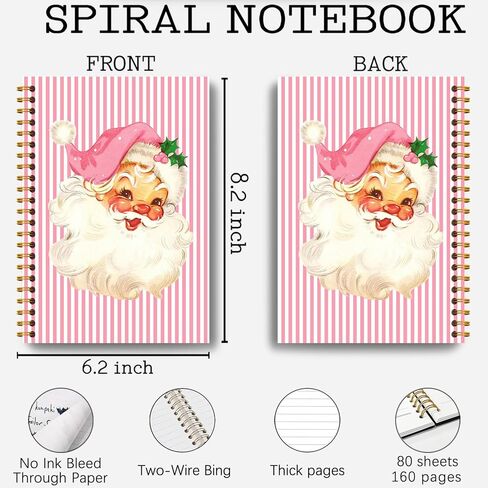 Guymn Pink Christmas Santa Notebook, Preppy Santa Xmas Journal, Pink and White Striped Christmas Hardcover Spiral Notebooks Journals, 5.5x8.3 Inch in Saudi Arabia