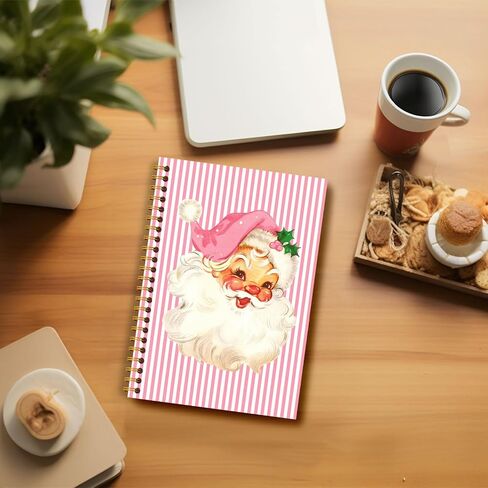 Guymn Pink Christmas Santa Notebook, Preppy Santa Xmas Journal, Pink and White Striped Christmas Hardcover Spiral Notebooks Journals, 5.5x8.3 Inch in Saudi Arabia