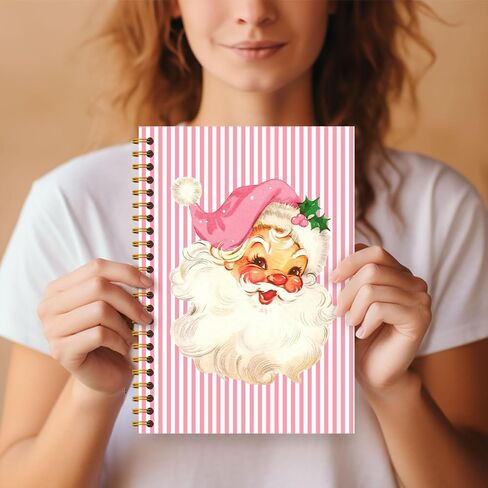 Guymn Pink Christmas Santa Notebook, Preppy Santa Xmas Journal, Pink and White Striped Christmas Hardcover Spiral Notebooks Journals, 5.5x8.3 Inch in Saudi Arabia