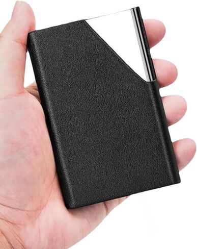 Business Card Holder, PU Leather Business Card Case Pocket Card Holders for Men or Women, Metal Slim Name Card Holder RFID Blocking Business Card Carrier with Magnetic Closure, Black in Saudi Arabia