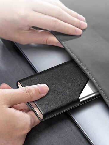 Business Card Holder, PU Leather Business Card Case Pocket Card Holders for Men or Women, Metal Slim Name Card Holder RFID Blocking Business Card Carrier with Magnetic Closure, Black in Saudi Arabia