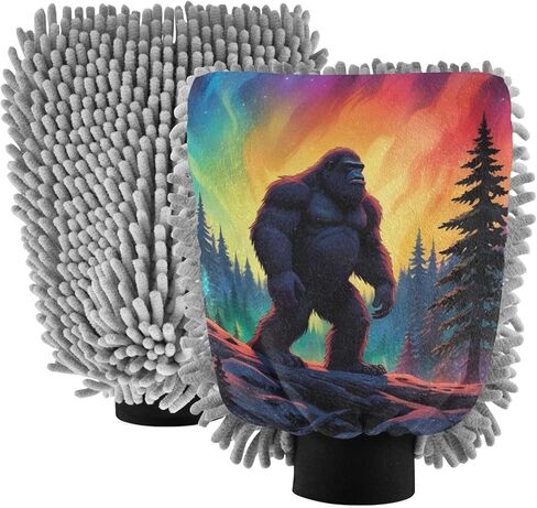 AIXIWAWA Car Wash Mitt Washing Glove Scratch Free Water Absorbent 2 Pack Large Colorful Night Sasquatch Print in Saudi Arabia