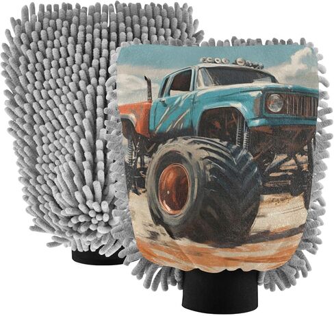 AIXIWAWA Car Wash Mitt Washing Glove Scratch Free Water Absorbent 2 Pack Large Off Road Monster Truck Print in Saudi Arabia