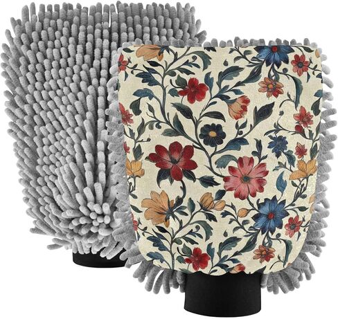 AIXIWAWA Car Wash Mitt Washing Glove Vintage Pattern Floral Print Scratch Free Water Absorbent 2 Pack Large in Saudi Arabia