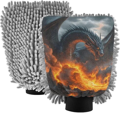 AIXIWAWA Car Wash Mitt Washing Glove Big Dragon Print Scratch Free Water Absorbent 2 Pack Medium in Saudi Arabia