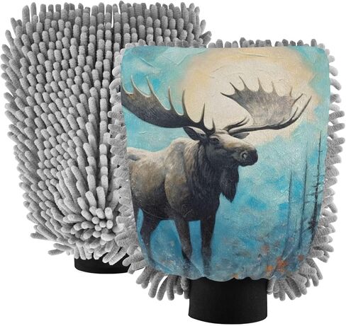 AIXIWAWA Car Wash Mitt Washing Glove Scratch Free Water Absorbent 2 Pack Medium Blue Moose Print in Saudi Arabia
