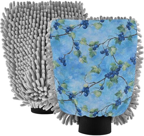 AIXIWAWA Car Wash Mitt Washing Glove Blue Fruits Print Scratch Free Water Absorbent 2 Pack Large in Saudi Arabia
