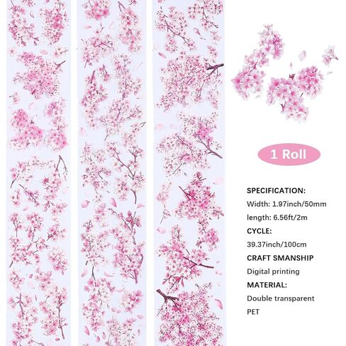 CRASPIRE 2.19Ydsx2.36In PET Tape Pink Cherry Blossom Clear Flower Floral Journal Scrapbooking Decorative Stickers Original Vintage DIY Handbook Crafts Collage Gift Wrap for Diary Art Planner Supplies in Saudi Arabia