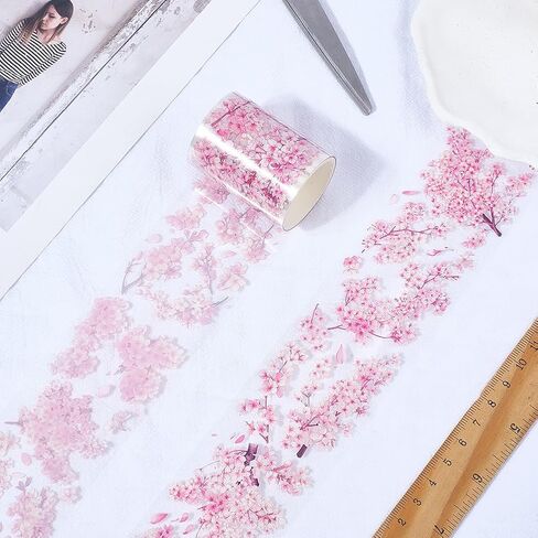 CRASPIRE 2.19Ydsx2.36In PET Tape Pink Cherry Blossom Clear Flower Floral Journal Scrapbooking Decorative Stickers Original Vintage DIY Handbook Crafts Collage Gift Wrap for Diary Art Planner Supplies in Saudi Arabia