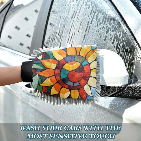 AIXIWAWA Car Wash Mitt Washing Glove Sunflower Abstract Print Scratch Free Water Absorbent 2 Pack Medium in Kuwait