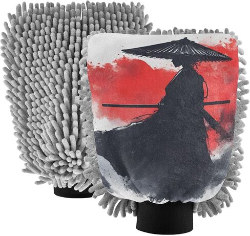 AIXIWAWA Car Wash Mitt Washing Glove Scratch Free Water Absorbent 2 Pack Medium Watercolor Samurai Print in Saudi Arabia