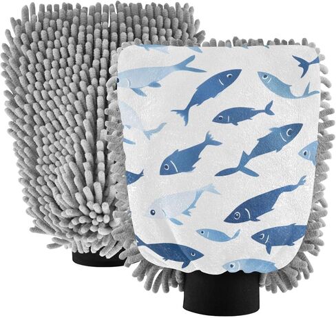 AIXIWAWA Car Wash Mitt Washing Glove Scratch Free Water Absorbent 2 Pack Medium Simple Blue Fish Print in Saudi Arabia